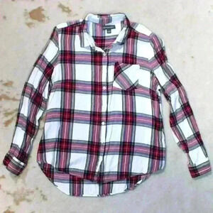 ALEXANDER JORDAN White Red Plaid Silky Flowy Rayon Button Up Blouse Women Large